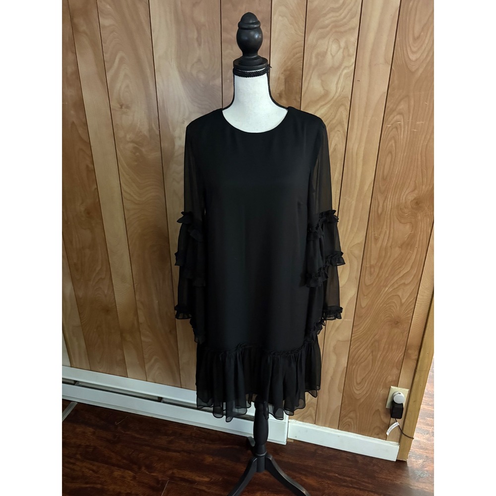 CeCe Black Ruffle Tiered Sleeve Shift Dress XS Sheer Long Sleeve Mini